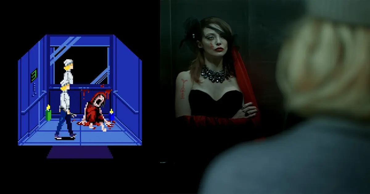 Comparação lado a lado de Julia no formato de píxeis de 8 bits e filmagens em live-action do mundo real