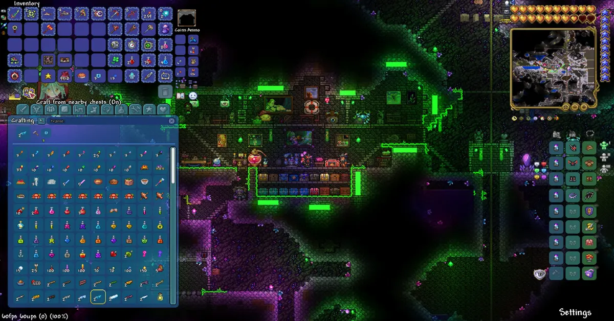 Captura de ecrã da nova interface tabular de criação e gestão de inventário de Terraria 1.4.5