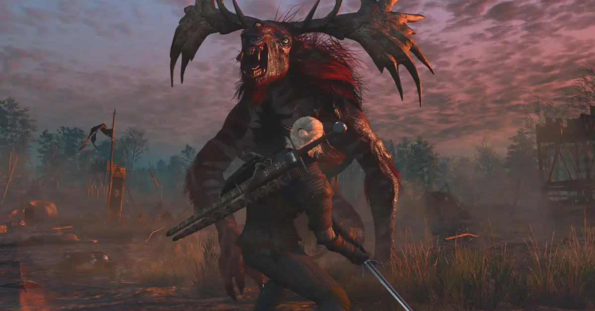 Geralt a lutar contra um grifo em The Witcher 3 Wild Hunt