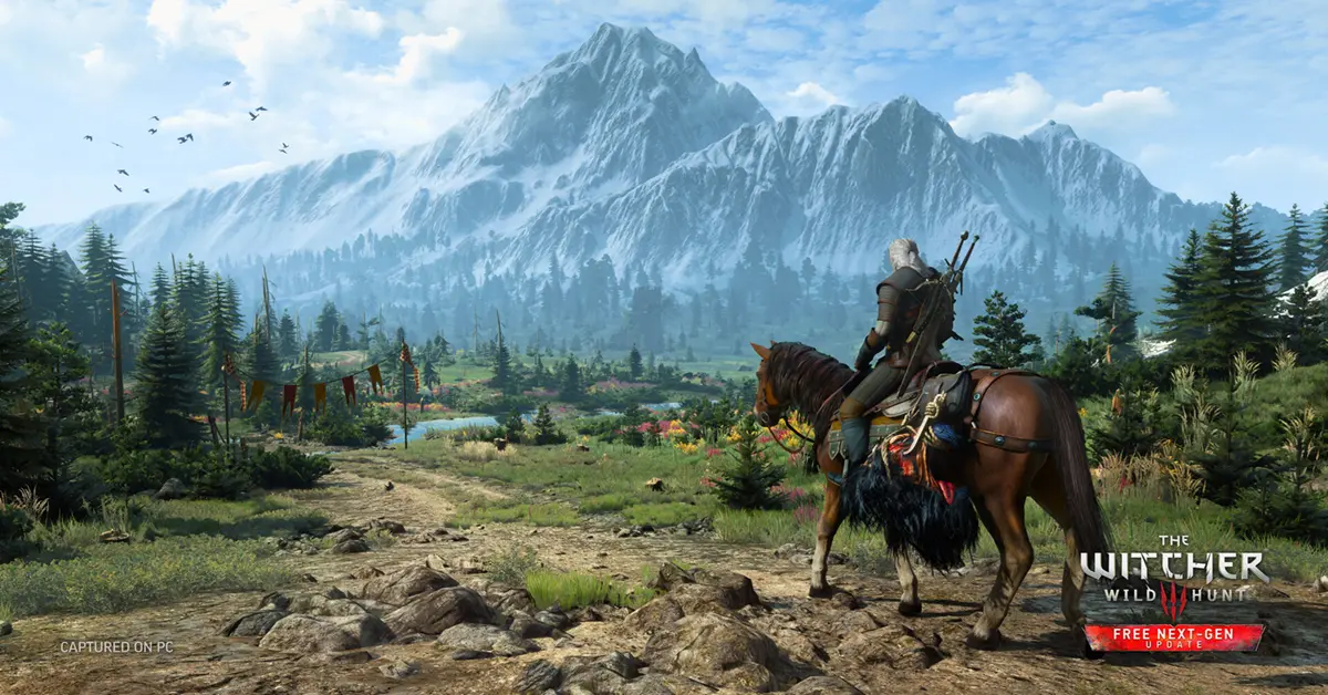Geralt de Rivia a observar a paisagem exuberante com ray-tracing de Velen em The Witcher 3 Next-Gen