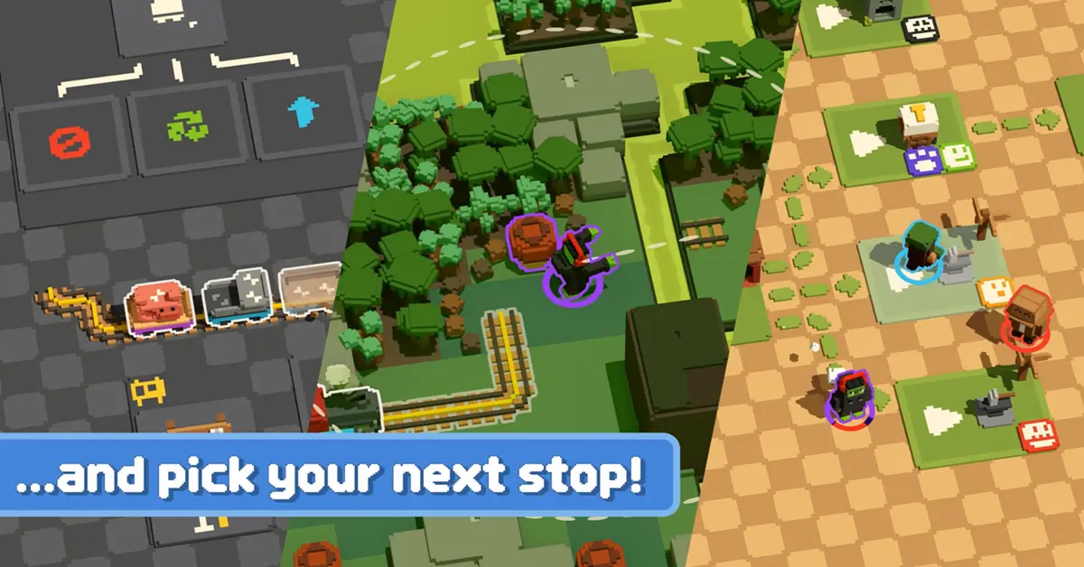 Vista em ecrã dividido mostrando o novo mapa mundial ramificado e os menus de melhorias em Unrailed 2