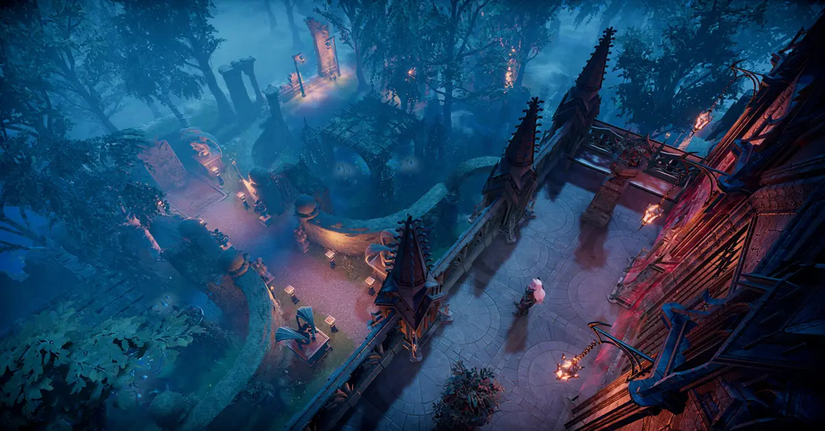 Um castelo gótico com vista para uma floresta sombria em V Rising.