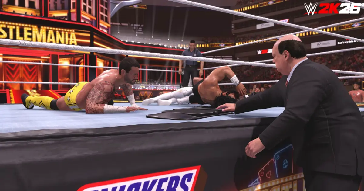 CM Punk a aplicar um golpe final sobre um adversário no WWE 2K26