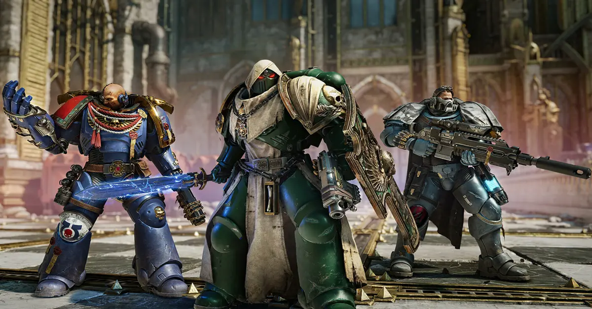 Um esquadrão de três jogadores Space Marine a manter a linha contra forças alienígenas