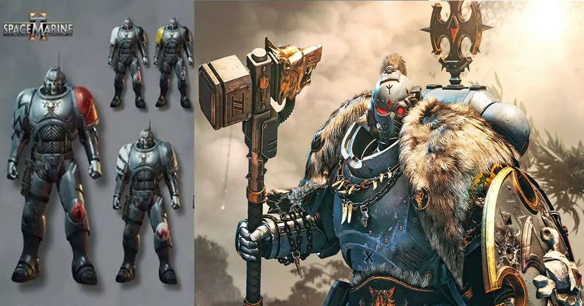 Comparação entre a armadura do jogo base de Space Marine e os cosméticos Space Wolves do Passe de Temporada 3
