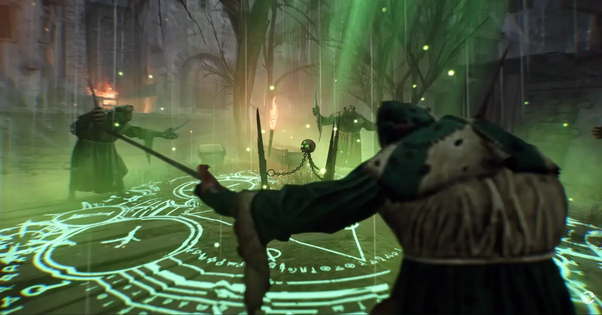 Uma Caveira de Blosphoros verde brilhante assente num pedestal escuro em Warhammer Vermintide 2.