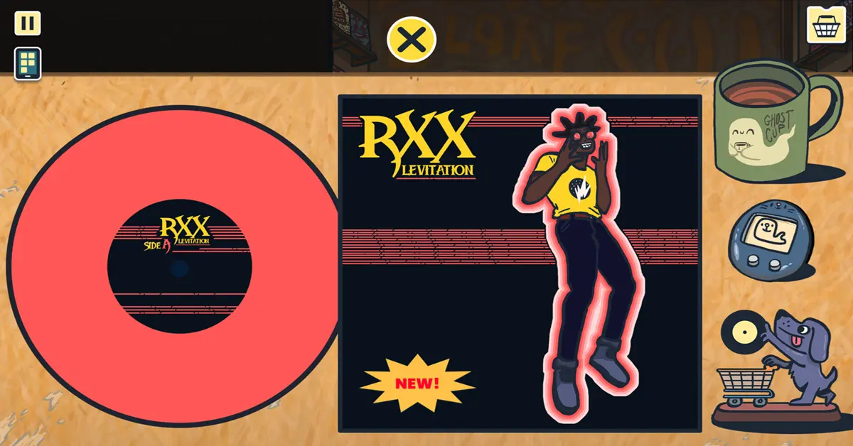 Jogador a examinar a contracapa de um disco de vinil fictício em Wax Heads para encontrar pistas.