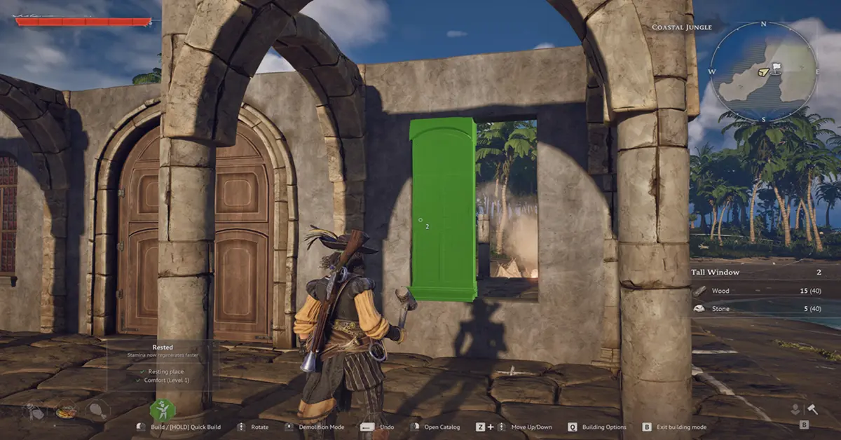 Interface de construção de bases de Windrose mostrando jogadores a construir um esconderijo pirata.