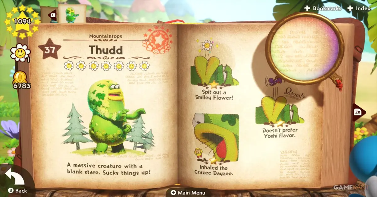 Yoshi a atirar uma criatura dentro dos níveis da enciclopédia mágica