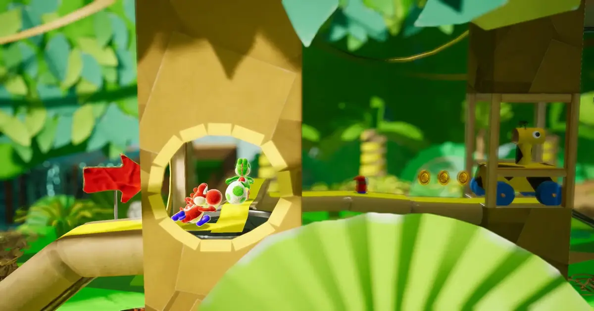Yoshi explorando um mundo colorido de artesanato em papel em stop-motion