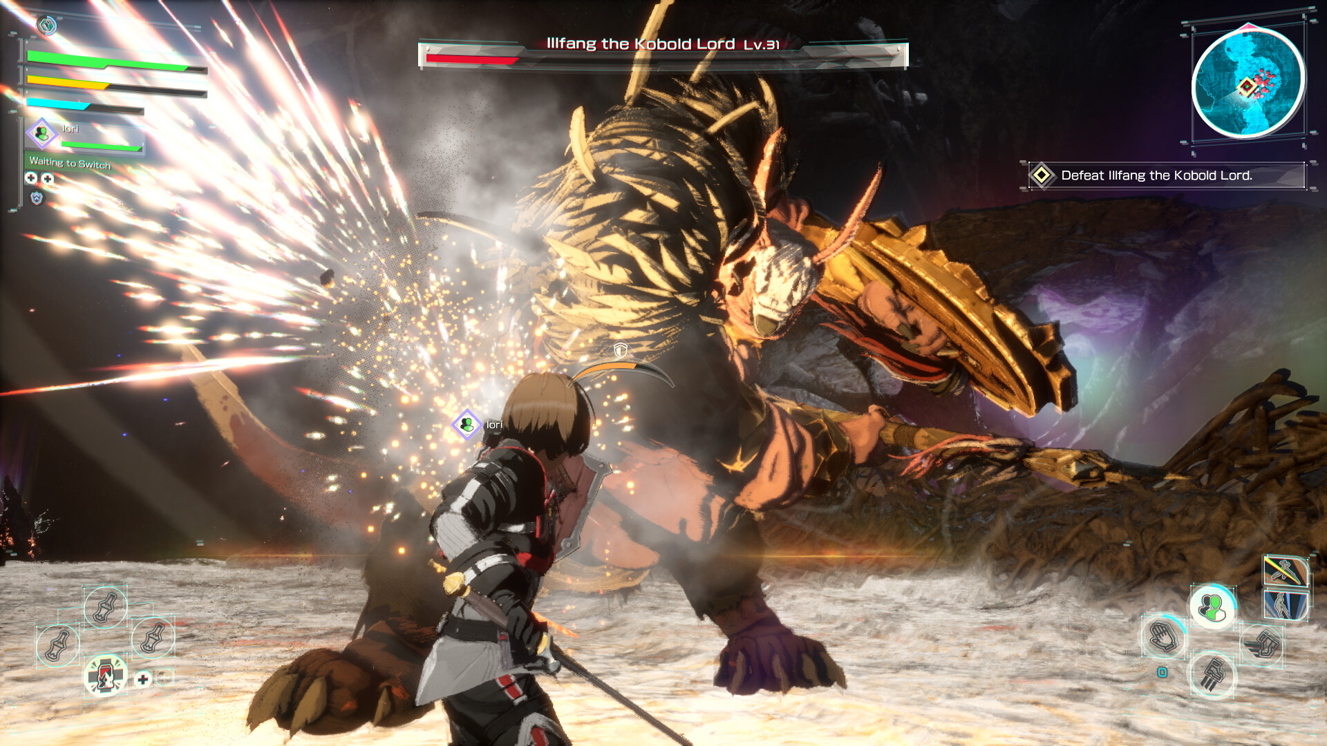 Cena de combate de Echoes of Aincrad com atmosfera de action RPG em dungeon