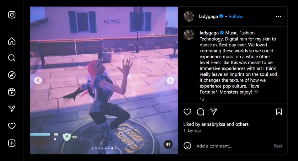 Publicação de Lady Gaga sobre o Fortnite no Instagram
