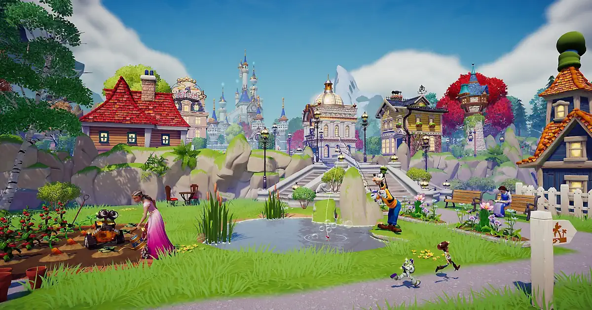 Disney Dreamlight Valley numa praça de alta resolução na Nintendo Switch 2