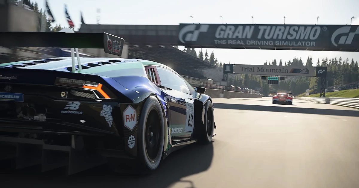 Um elegante carro desportivo de Gran Turismo 7 a alta velocidade num circuito... algo que, inesperadamente, existe na Nintendo Switch 2