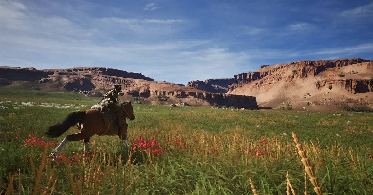 Naraa e seu cavalo correndo pela deslumbrante estepe mongol do século XIII em The Legend of Khiimori