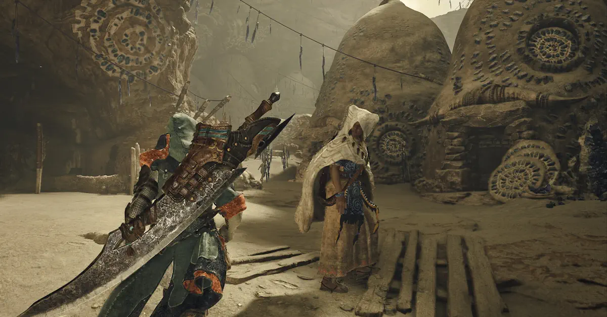 Caçador de Monster Hunter Wilds enfrentando uma grande fera em um ambiente exuberante