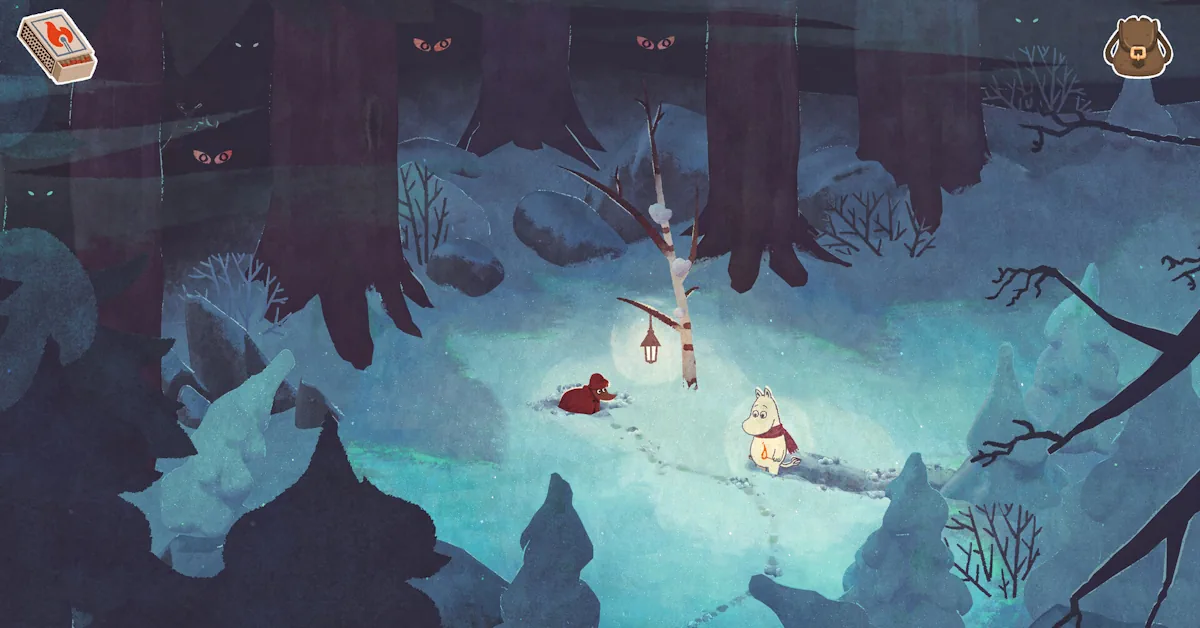 O Moomintroll deve navegar por um Vale dos Moomins escuro e coberto de neve após acordar cedo de sua hibernação O Moomintroll deve navegar por um Vale dos Moomins escuro e coberto de neve após acordar cedo de sua hibernação