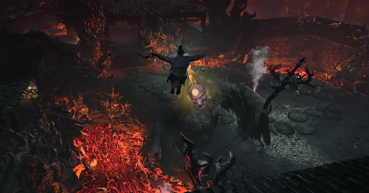 Cair na porrada contra um boss Yokai flamejante em Nioh 3