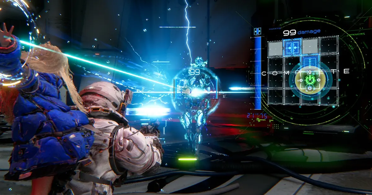 Hugh e Diana navegando e enfrentando os perigos da desolada base lunar em Pragmata Hugh e Diana navegando e enfrentando os perigos da desolada base lunar em Pragmata