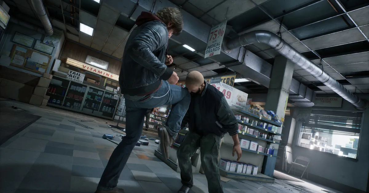 Samson parado na chuva ao lado do seu carro amassado em Tyndalston