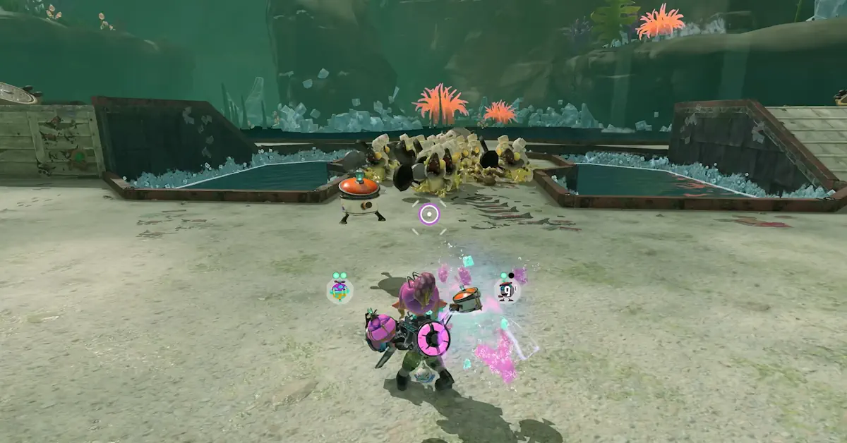 O protagonista mecânico a explorar as Ilhas Spirhalite ao lado de um Bot Buddy dos Deep Cut