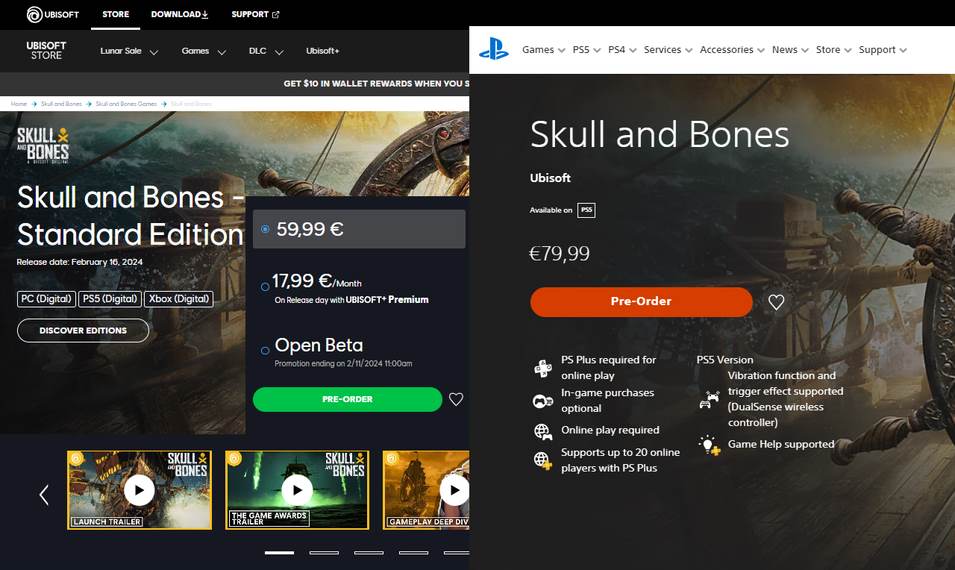 Preço de Skull & Bones na Europa: PC vs PS5