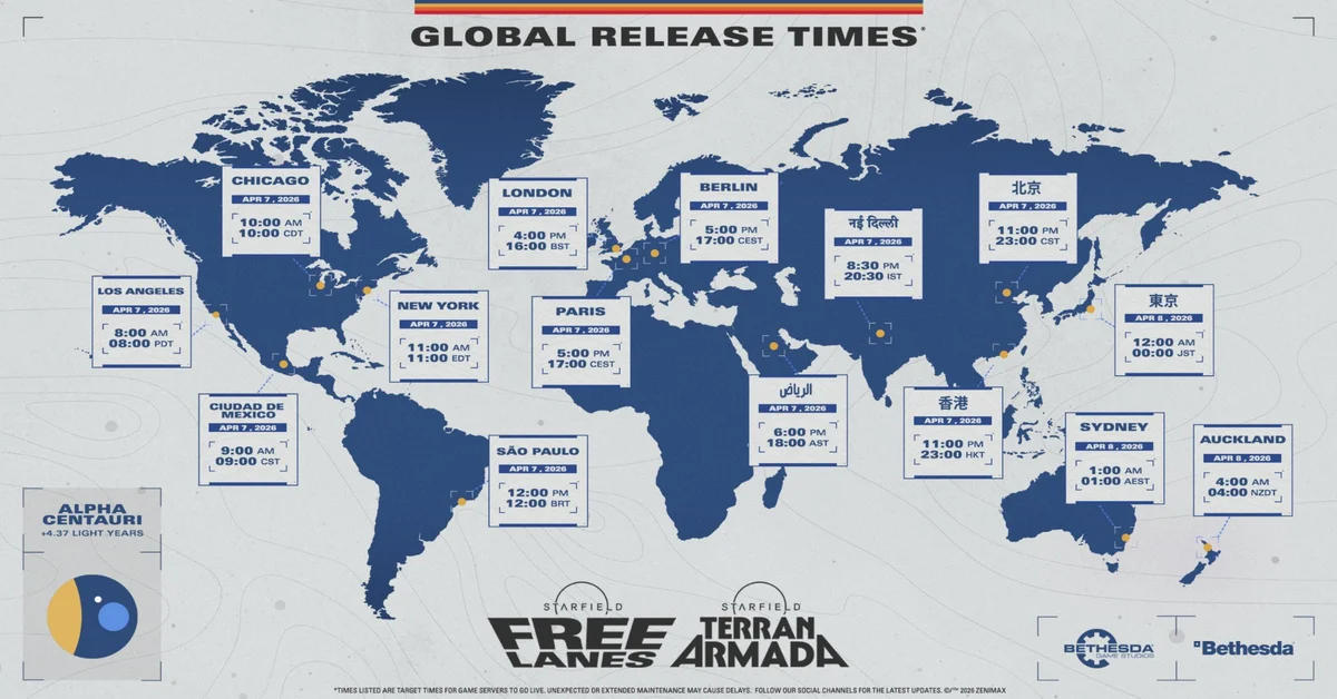 Starfield Launch Times for Free Lanes Update and Terran Armada DLC
