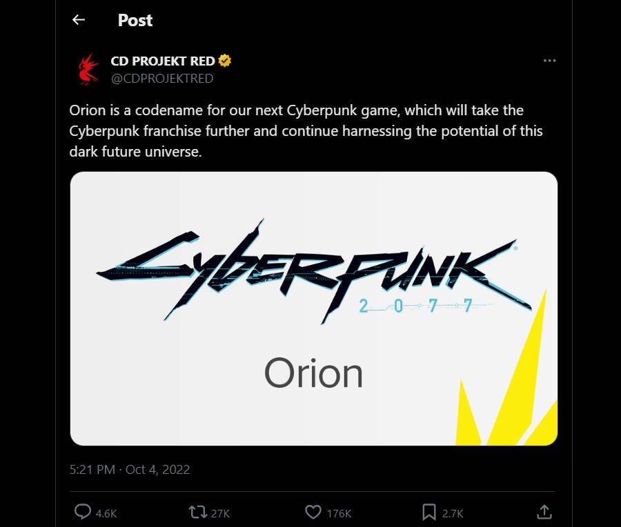 CD Projekt Red anuncia Project Orion, sequela de Cyberpunk 2077