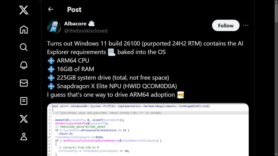 Tweet do usuário Albacore sobre os requisitos de IA do Windows 11